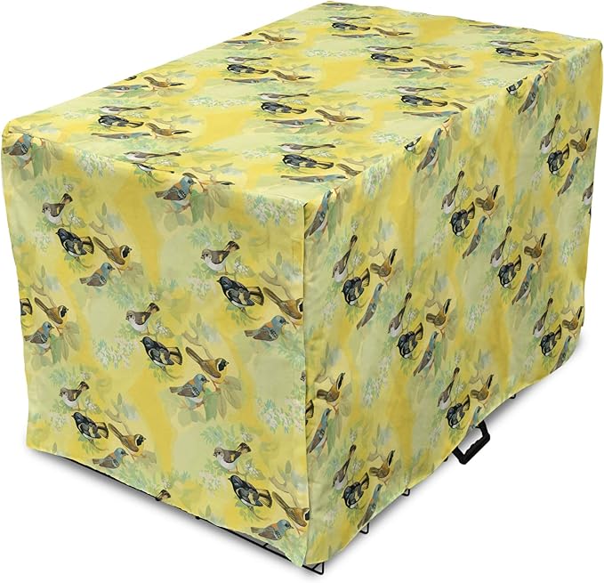 Ambesonne Bird Dog Crate Cover, Little Birds on Spring Branches in Watercolor Style Repetitive Pattern, Easy to Use Pet Kennel Cover for Cats & Medium Dogs, 24 Inch, Yellow and Multicolor