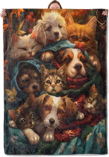 Dog and Cat Blanket, Cute Pet Flannel Blanket Gifts for Women, Soft Warm Lightweight Cat Dog Blankets for Living Room Home Sofa Travel Decor 50" x 60"