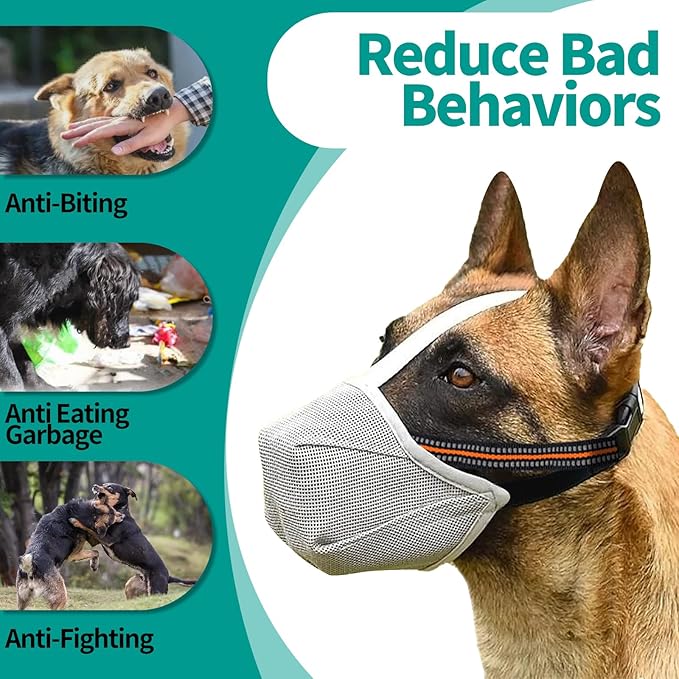 Dog Muzzle - Soft Mesh Muzzle for Small Medium Large Dogs Labrador German Shepherd - Adjustable Puppy Muzzles for Scavenging Biting Licking and Chewing - Allows Panting and Drinking (Greys)
