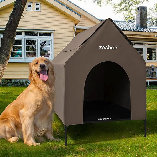 36" Large Dog House, Dog House for Large Dog Indoor or Outside, Weatherproof 600D PVC Dog House Outdoor, Featuring Breathable 2x1 Textilene Elevated Dog Bed, Easy Clean(Brown)