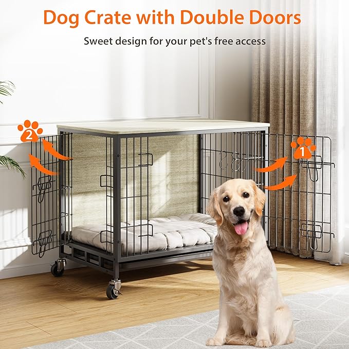 Dog Crate Furniture, 27.2L Indoor Kennel with Double Doors, Sturdy Dog Cage with Easy Assembly, Wheels & Removable Tray, Rustic Grey