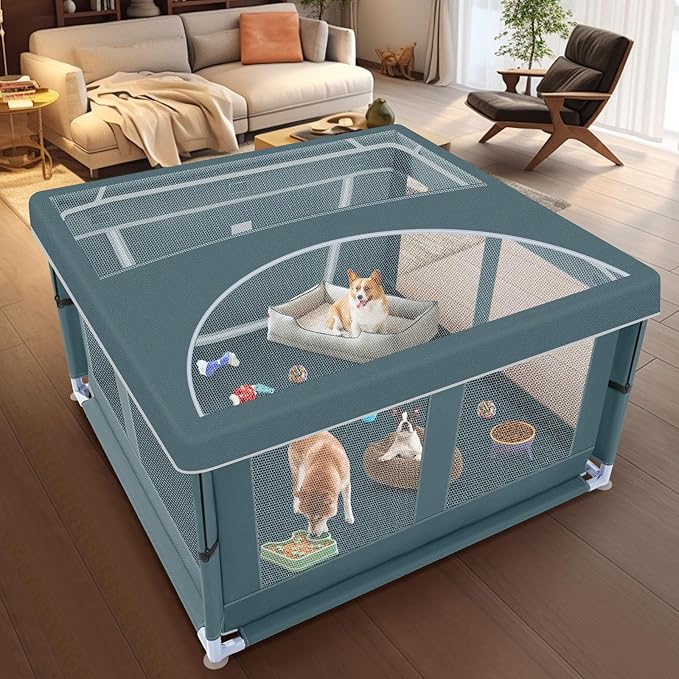 42x42x26 Inch Puppy Playpen with Cover, Dog Playpen for Puppies or Small Dogs, Pet Playpen for Indoor & Outdoor, Sturdy DogPen with Thickened Fabric, High-Strength Nylon Wire Mesh, Green