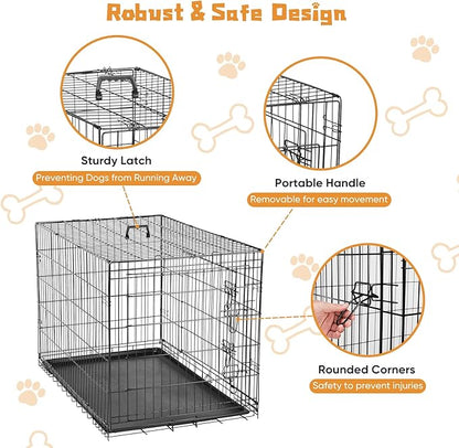 DUMOS Dog Crate, 42 Inch Large Double Door Dog Cage with Divider Panel and Plastic Leak-Proof Pan Tray, Folding Metal Wire Pet Kennel for Indoor, Outdoor, Travel