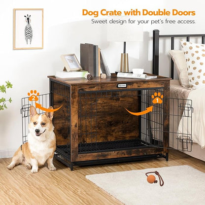 HOOBRO Dog Crate Furniture, 32.5" Medium Dog Kennel Indoor, Wooden Cage with Pull-Out Tray, Double Doors Pet House Side End Table for Medium/Small Dogs, Rustic Brown BF802GW03G1