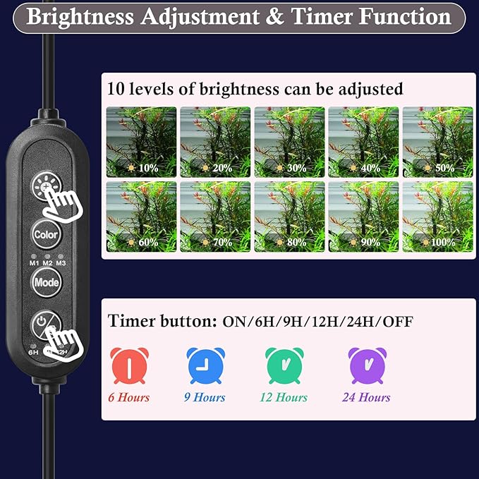 Dirvin 7inch Submersible Aquarium LED Light for Fish Tank, 24/7 Cycle Fish Tank Light with Timer, 9 LED Beads 3 Colors 3 Modes Brightness Adjustable, 3.5W