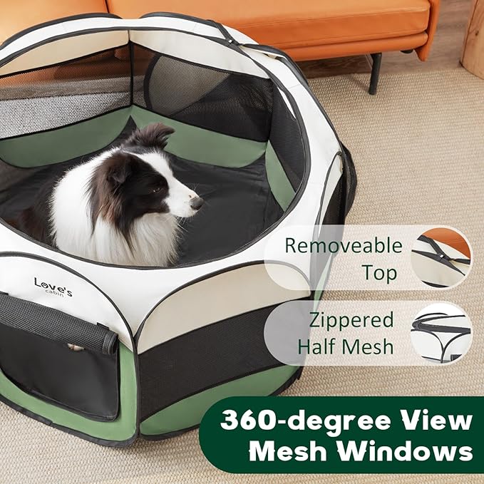 Love's cabin Pet Puppy Dog Playpen, Large Dog Tent Crates Cage Indoor/Outdoor, Portable Playpen for Cat, Foldable Pop Up Dog Kennel Playpen with Carring Case, Removable Zipper Top, Olive Green