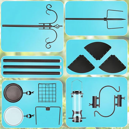 Bird Feeding Station Kit, 87 Inches Bird Feeder Pole, Premium Feeder Hanging Kit with Metal Suet, Water Bowl, Mesh Tray and Squirrel Baffle