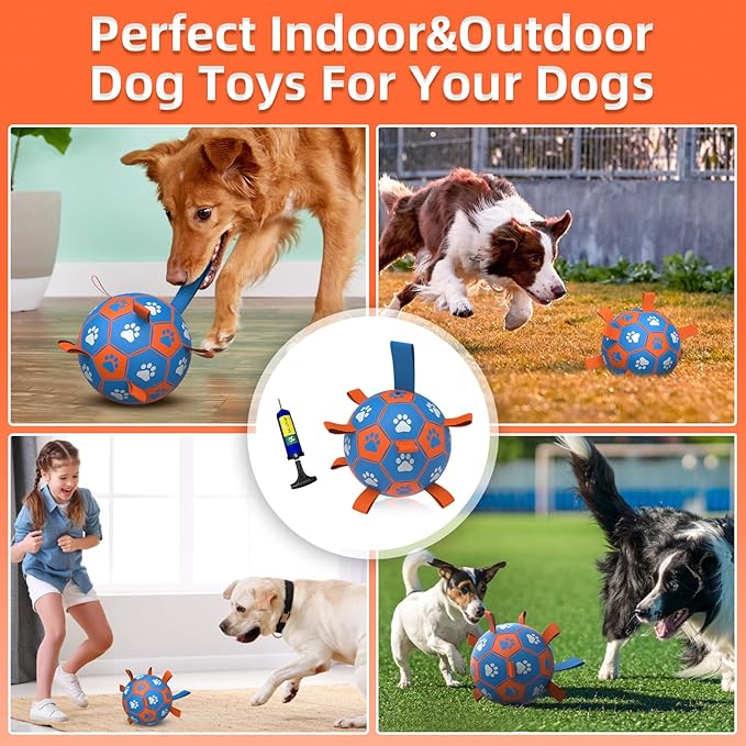 QDAN Dog Ropes Toys Soccer Ball with Straps, Interactive Dog Toys for Tug of War, Puppy Birthday Gifts, Dog Tug Toy, Dog Water Toy, Durable Dog Balls for Medium & Large Dogs- Blue&Orange(8 Inch)