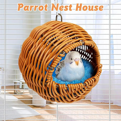 BNOSDM Rattan Bird Nest Parrot Nesting House Parakeet Hanging Swing Soft Lovebird Warm Bed Sleeping for Parrots Bird Cage Accessories for Cockatiels Budgerigars Finches Canaries (G-Hole Style)