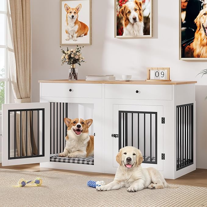 YITAHOME 60" Wooden Dog Crate Furniture with Removable Divider & Storage Drawers, Double Door Kennel with Locks for Medium and Large Dogs, Multi-Functional Dog Crate End Table for Indoor use, White