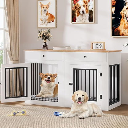 YITAHOME 60" Wooden Dog Crate Furniture with Removable Divider & Storage Drawers, Double Door Kennel with Locks for Medium and Large Dogs, Multi-Functional Dog Crate End Table for Indoor use, White