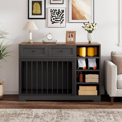 IDEALHOUSE 47” Large Dog Crate, Dog Kennel Indoor with 2 Drawers and 4 Shelves, Dog Crate Furniture TV Stand, Wooden Dog Cage for Medium Large Dogs, Black