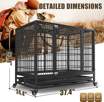 38" Heavy Duty Dog Crate,Robust Stable Dog Kennel,Suitable for High Anxiety Escape Proof Dog Crate,Two-Door Design Small Dog Crate with Locking Wheels,for Small Dog,Black.
