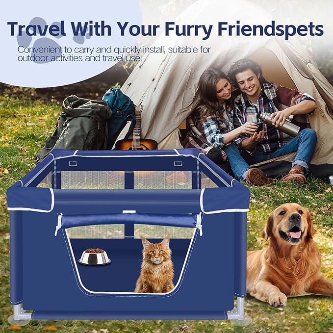 42x42x25.6 Inches Dog Playpen, Foldable Portable Soft Puppy Playpen with Gate, Thickened Fabric Mesh Dog Fence with High-Strength Nylon Wire Mesh, Indoor Outdoor Breathable Exercise Pet Fence Cage