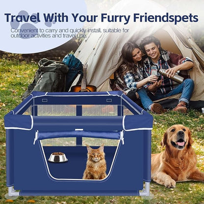 42x42x25.6 Inches Dog Playpen, Foldable Portable Soft Puppy Playpen with Gate, Thickened Fabric Mesh Dog Fence with High-Strength Nylon Wire Mesh, Indoor Outdoor Breathable Exercise Pet Fence Cage