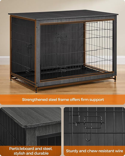 Feandrea Dog Crate Furniture, 44.1" Side End Table, Modern Kennel for Dogs Indoor up to 80 lb, Heavy-Duty Dog Cage with Multi-Purpose Removable Tray, Double-Door Dog House, Ink Black UPFC004B01