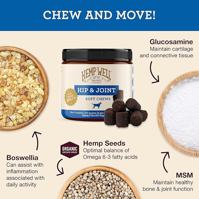 Hemp Well Hip and Joint Soft Chews  Supports Mobility and Promotes Healthy HIPS and Joints for Dogs, Organically Sourced (60 Count)