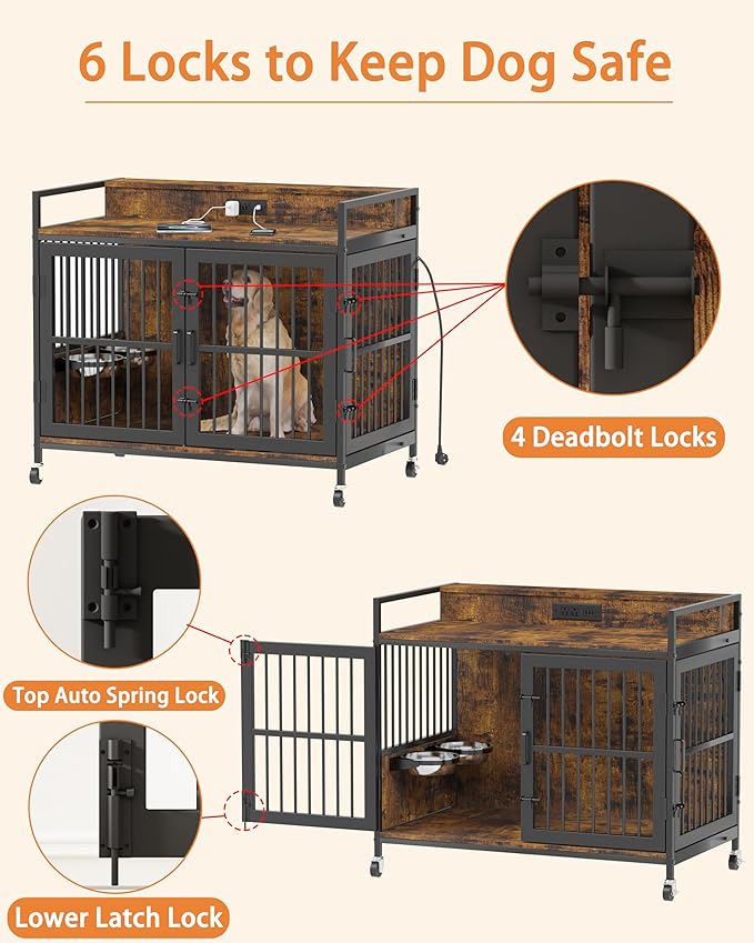Piskyet 48" Large Dog Crate Furniture, Indoor Dog Kennel Furniture with 4 in 1 Charge Station, Heavy Duty Dog Crate Table with 360°Raised&Rotatable Feeder, Double Door Kennel with Wheels,Rustic Brown