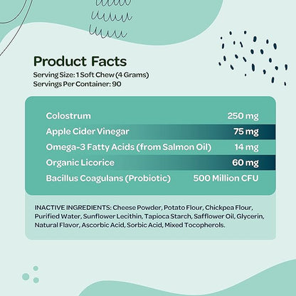 Immunity Boosting Dog Allergy Chews | Delicious and Soothing Hot Spot & Dog Itch Relief Chew for Seasonal Allergy Relief with Probiotics ACV Alaskan Salmon Oil & Colostrum for Dogs | 90 Chews