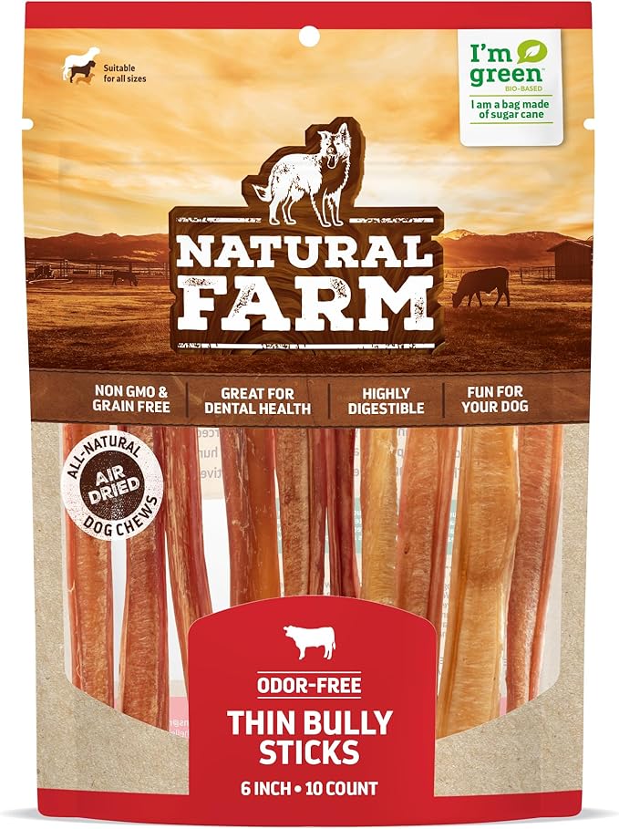 Natural Farm Odor-Free Thin Bully Sticks (6, 10-Pack) All-Natural Long-Lasting Dog Chews, 100% Beef Pizzle, Grass-Fed, Grain-Free, Protein for Muscle Development & Energy, Perfect for Medium Chewers