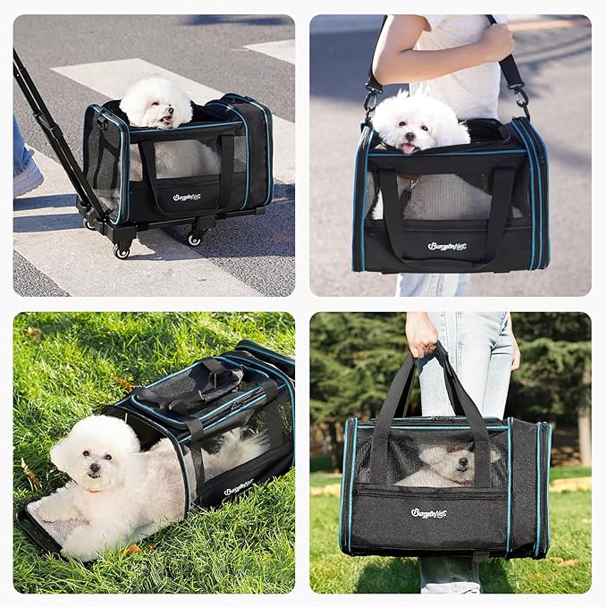 BurgeonNest Expandable Premium Cat Carrier with Wheels - Handle Adjustable Small Dog Carrier- Designed for Dogs and Cats up to 15 lbs - Removable Soft Lined Pet Carrier