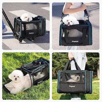 BurgeonNest Expandable Premium Cat Carrier with Wheels - Handle Adjustable Small Dog Carrier- Designed for Dogs and Cats up to 15 lbs - Removable Soft Lined Pet Carrier