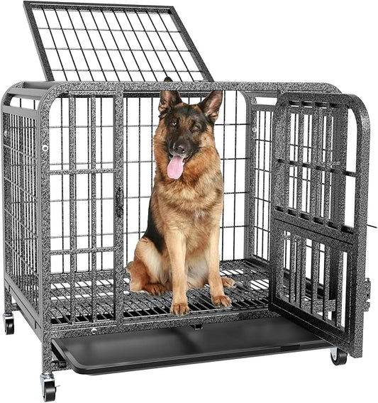 Dog Crates for Medium Dogs 37 inch, Heavy Duty 10-Gauge Steel Dog Kennel Indoor Escape Proof, Wire Cage for High Anxiety or Arthritic Dogs Comfortable with Lockable Wheels, Bottom Tray Easy to Clean