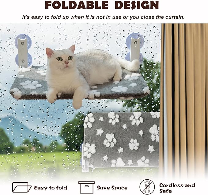 Cat Window Perch, Foldable Cat Window Hammock with Cute 3D Textured Flower Cover, Breathable Mesh Cover and Strong Suction Cups, Cordless Window Seat Bed for Indoor Cats (Grey, Medium)