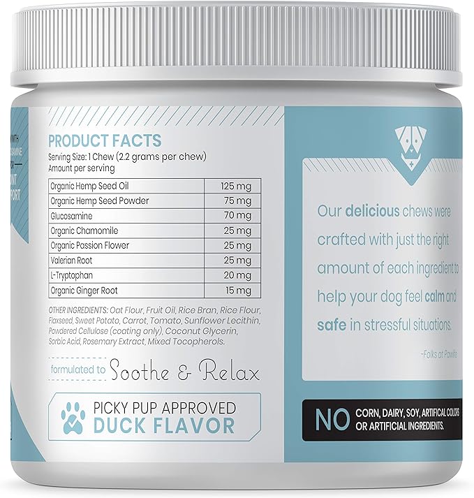 Calming Chews with Organic Hemp Oil| Dog Anxiety Relief & Travel Friendly| Glucosamine to Help with Join Support| 120 Soft Chews & up to 4-Month Supply