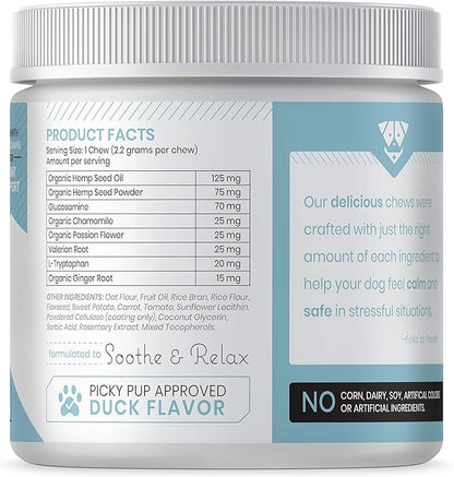 Calming Chews with Organic Hemp Oil| Dog Anxiety Relief & Travel Friendly| Glucosamine to Help with Join Support| 120 Soft Chews & up to 4-Month Supply
