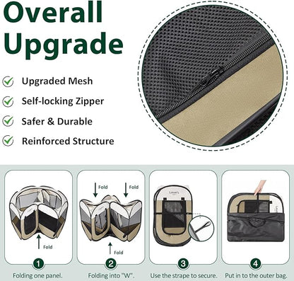 Love's cabin Pet Puppy Dog Playpen, Large Dog Tent Crates Cage Indoor/Outdoor, Portable Playpen for Cat, Foldable Pop Up Dog Kennel Playpen with Carring Case, Removable Zipper Top, Khaki