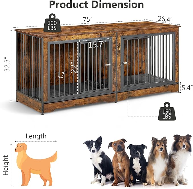 Rovibek Double Dog Crate, TV Stand, 75 Inch Dog Crate Furniture for 2 Dogs, Dog Kennel Indoor with Double Doors, Dog Cage with Removable Divider for Large Medium Dogs, Brown