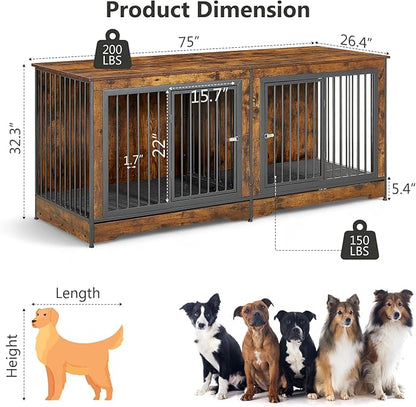 Rovibek Double Dog Crate, TV Stand, 75 Inch Dog Crate Furniture for 2 Dogs, Dog Kennel Indoor with Double Doors, Dog Cage with Removable Divider for Large Medium Dogs, Brown