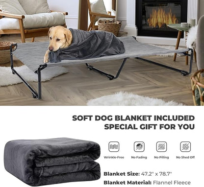Veehoo Large Elevated Dog Bed with Flannel Dog Blanket, Outdoor Guardrail Raised Pet Cot for Extra Large Dogs, Anti-Slip Camping Dog Hammock Bed, Breathable Teslin Mesh Fabric, XXL, CWC2201B