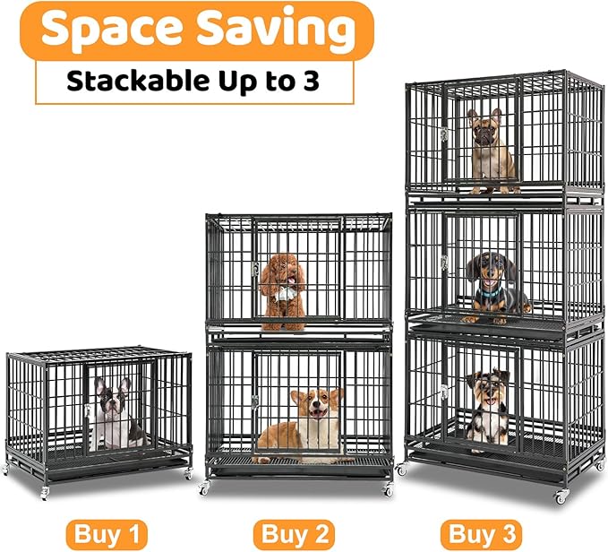 Homey Pet 37 inch Stackable Heavy Duty Dog Crate, Indestructible Escape Proof Dogs Cage Kennel with Lockable Wheels, Removable Tray & Metal Grid, Double Doors for High Anxiety Medium/Small Dogs
