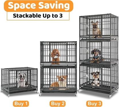 Homey Pet 37 inch Stackable Heavy Duty Dog Crate, Indestructible Escape Proof Dogs Cage Kennel with Lockable Wheels, Removable Tray & Metal Grid, Double Doors for High Anxiety Medium/Small Dogs