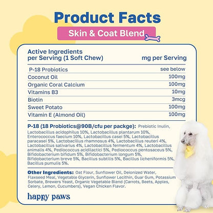 Happy Paws Skin & Coat Supplement for Dogs, Shedding & Hair Growth Support for All Breeds & Ages, Made with Coconut Oil & Vitamin B12, Vegan Chicken Flavor, Organic, Non GMO, 200 Soft Chews