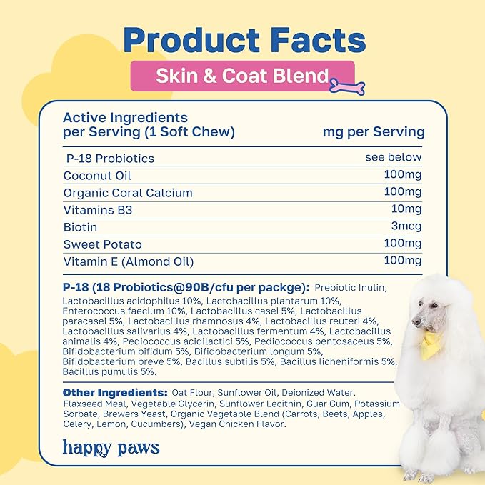 Happy Paws Skin and Coat Supplement for Dogs, Shedding & Dog Hair Growth Support for All Breeds & Ages, Made with Coconut Oil & Vitamin B12, Vegan Chicken Flavor, Organic, Non GMO, 100 Soft Chews
