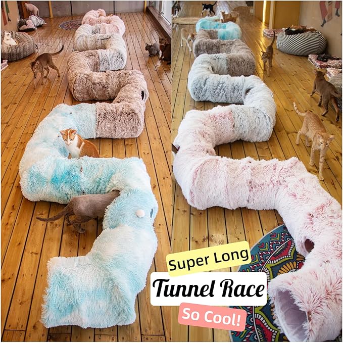 XxingSheep 4 Cave Shuttled XL Cat Tunnel Bed for Indoor Cats Peekaboo Toy Donut with Warm Mat, Pinkish White