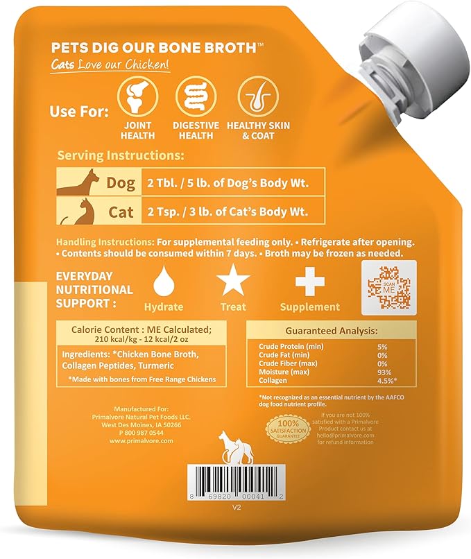 Primalvore Free-Range Bone Broth for Dogs &Cats, Mobility Formula w/Collagen Peptides to Help Support Hip & Joints, Digestion, Skin & Coat and Hydration, Human Grade, Made in USA. Chicken 6 Pack