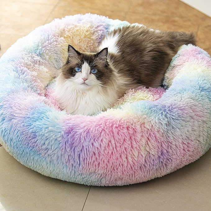 Anti Anxiety Round Fluffy Plush Faux Fur Warm Washable Dog Bed & Cat Bed, Original Bed for Small Medium Large Pets,Used to Relieve Joints and Improve Sleepï¼20"/24"/27''ï¼ (24", Rainbow)