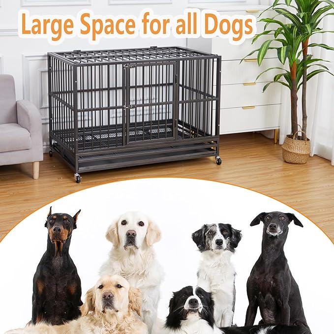 48 inch Heavy Duty Dog Crate, Indestructible Dog Crates for Large Dogs, Cage Kennel with Wheels&Brakes, Sturdy Locks Design, Double Door and Removable Tray, for Medium & Large Pets