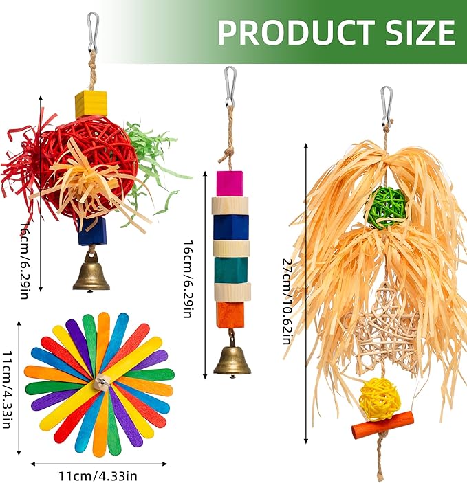 4-in-1 Hanging Bird Toy Set - Raffia Chew Balls, Wood Blocks & Bells for Foraging - Small Parrot Cage Toys for Conures, Lovebirds Under 150g (30-Day Play Guarantee)