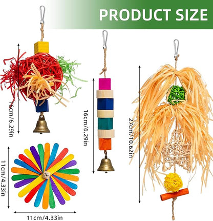 4-in-1 Hanging Bird Toy Set - Raffia Chew Balls, Wood Blocks & Bells for Foraging - Small Parrot Cage Toys for Conures, Lovebirds Under 150g (30-Day Play Guarantee)