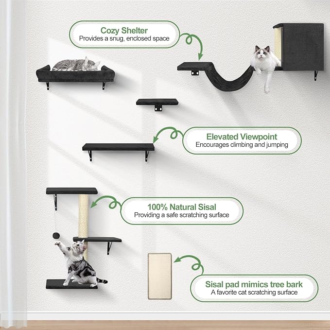 Cat Wall Shelves, Stable Safe 6 in 1 Cat Furniture Set Black, Wooden Climbing Wall with Scratching Post, Wall-Mounted Shelves & Play System
