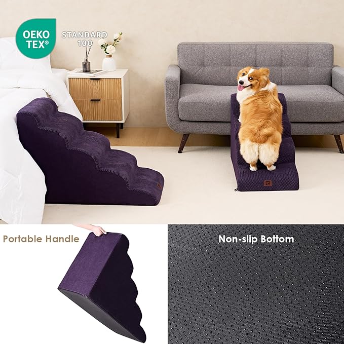 EHEYCIGA Curved Dog Stairs Ramp for High Beds 19.7" H, 4-Step Dog Steps for Small Dogs and Cats, Pet Stairs for High Bed Climbing, Non-Slip Balanced Pet Step Indoor, Purple