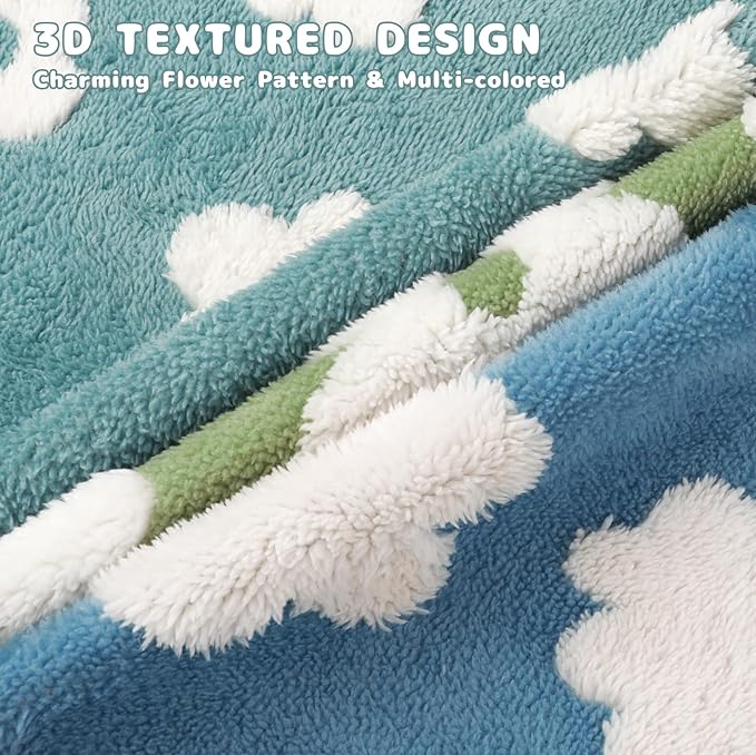 Luciphia Waterproof Dog Cat Blanket Fluffy Thick Fleece Pet Blanket,Washable Double Sided Sherpa Calming Blankets Flower Print Blankets for Medium Large Dogs Cats(Blue,67x57 inches)