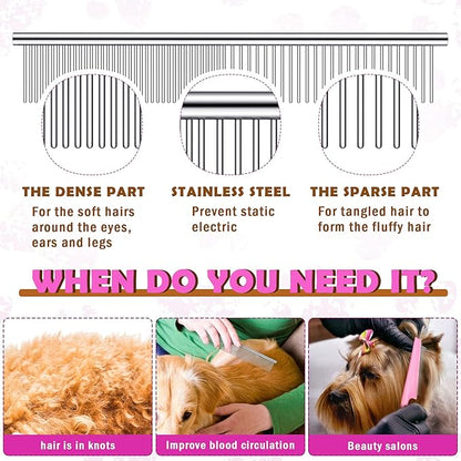 Cunhill 5 Pieces Dog Flea Combs for Grooming Lice Tick Comb for Small Dogs Puppies Stainless Steel Teeth Tear Stain Remover 2-in-1 with Round Teeth to Remove Knots Crust Mucus