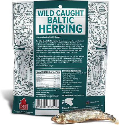 PLATO Pet Treats Fish Dog Treats - Air-Dried, Single Ingredient Dog Treat - with Omega 3 & 6 Fatty Acids to Support Skin and Coat - 100% Whole Fish - Wild Caught Baltic Herring Dog Treats - 3oz