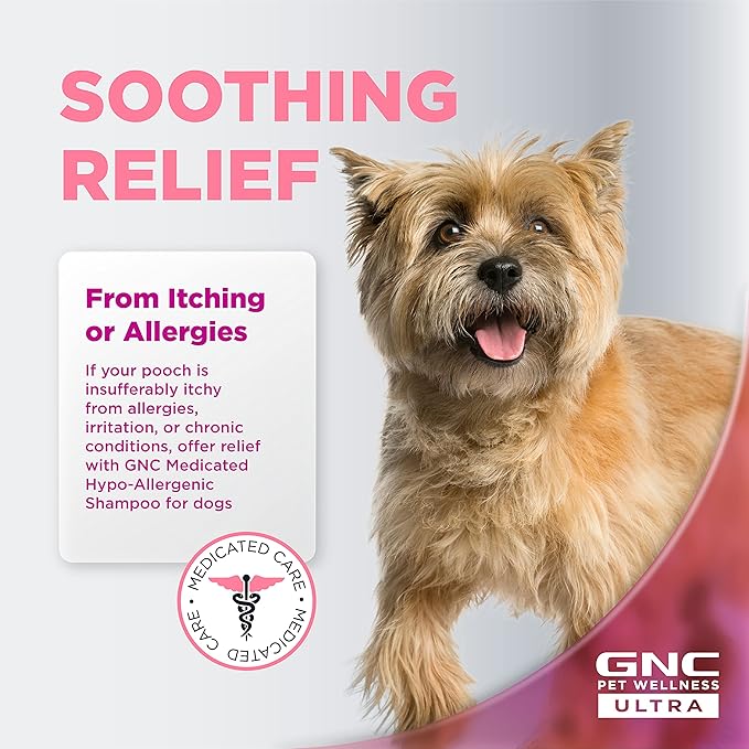 GNC Ultra Medicated Hypo-Allergenic Shampoo 16oz | Medicated Relief Shampoo for Dogs Hypoallergenic Sensitive Skin | GNC Shampoo for Dogs with Sensitive Skin & Allergies | Fragrance-Free Dog Shampoo